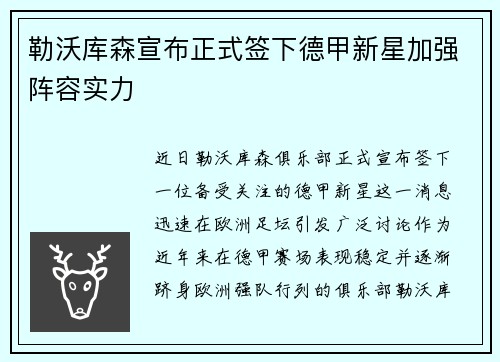 勒沃库森宣布正式签下德甲新星加强阵容实力
